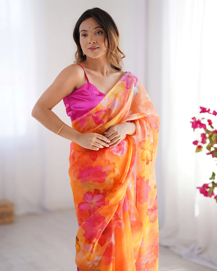 Fancy Orange Printed Saree in Organza Fabric Designer Look Set