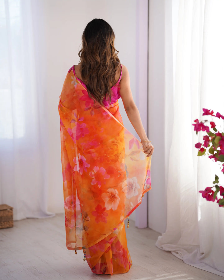 Fancy Orange Printed Saree in Organza Fabric Designer Look Set