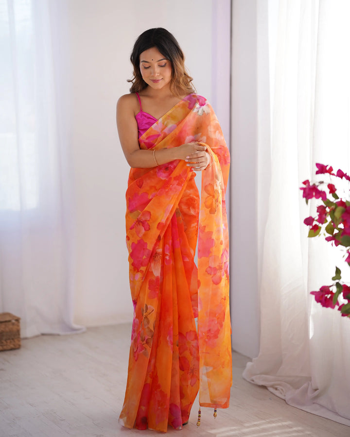 Fancy Orange Printed Saree in Organza Fabric Designer Look Set