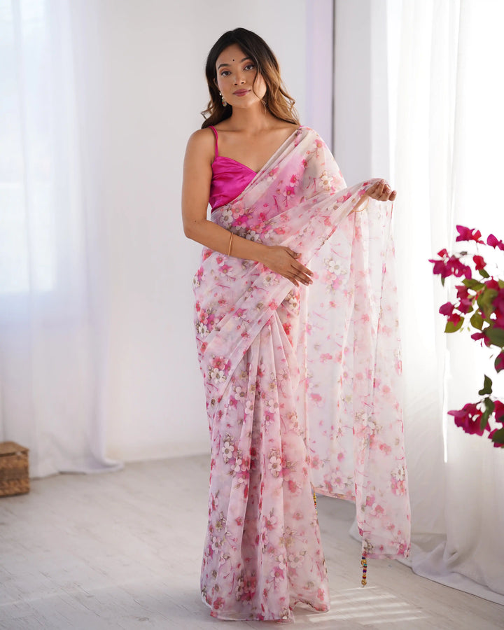 Elegant White Organza Saree Designer Printed & Art Silk Blouse