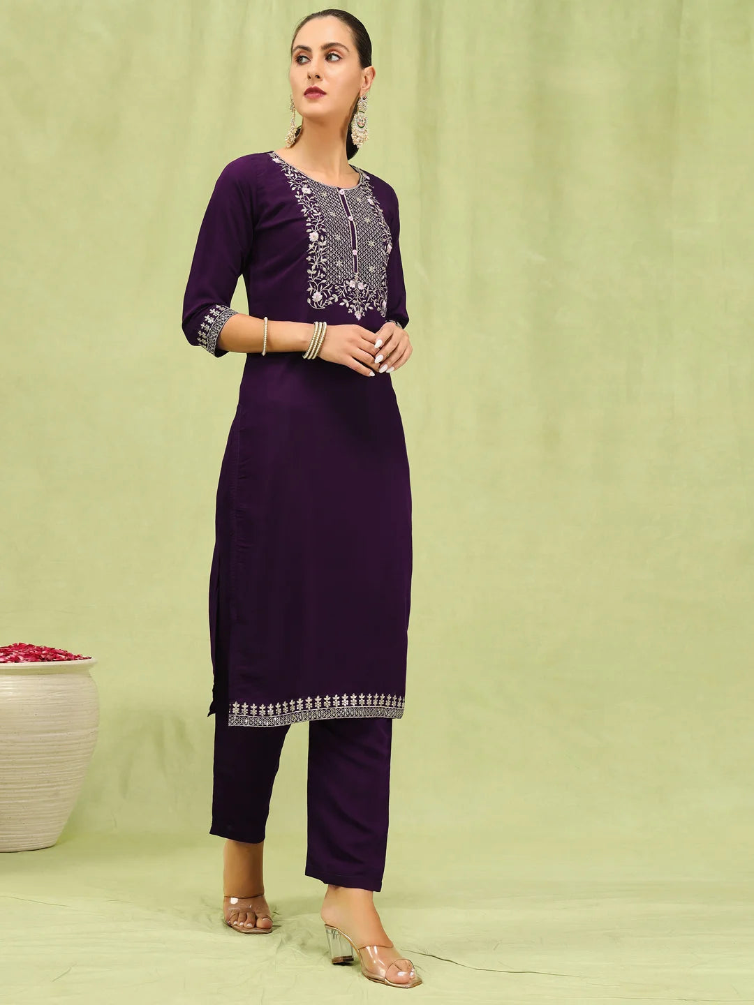 Dark Purple Viscose Roman Silk Salwar Kameez with Organza Dupatta