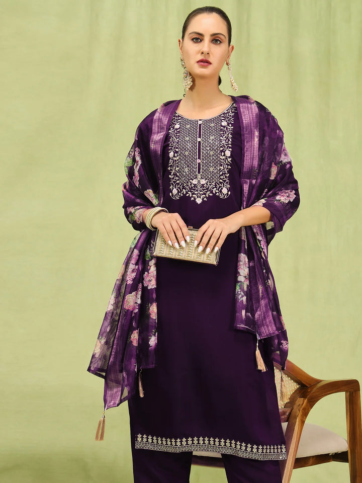 Dark Purple Viscose Roman Silk Salwar Kameez with Organza Dupatta