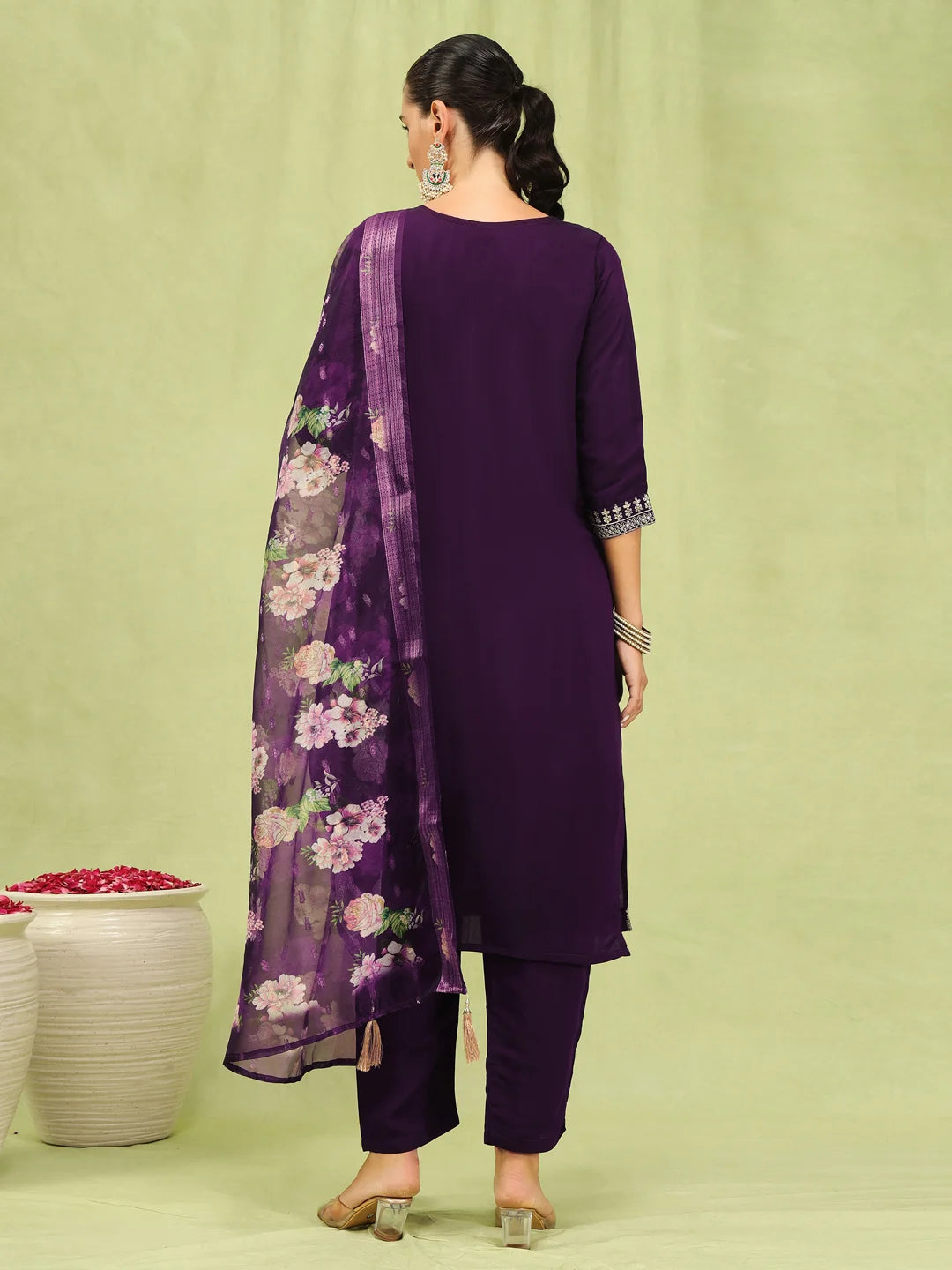 Dark Purple Viscose Roman Silk Salwar Kameez with Organza Dupatta