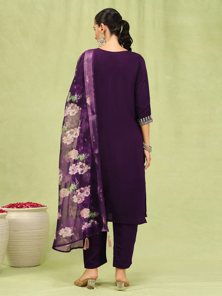 Dark Purple Viscose Roman Silk Salwar Kameez with Organza Dupatta