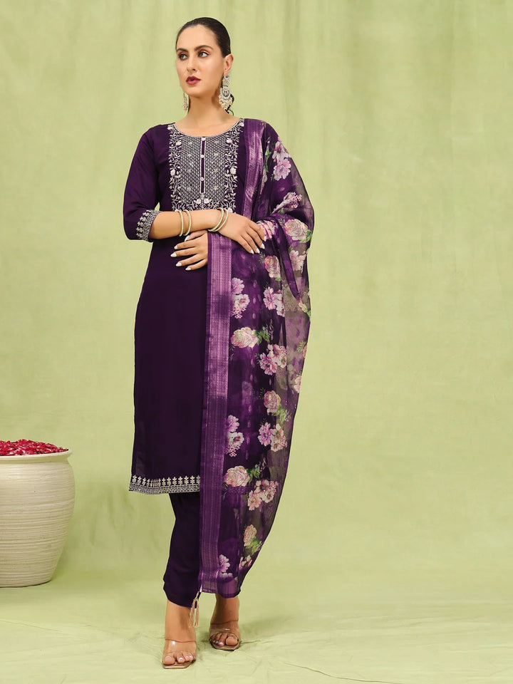 Dark Purple Viscose Roman Silk Salwar Kameez with Organza Dupatta