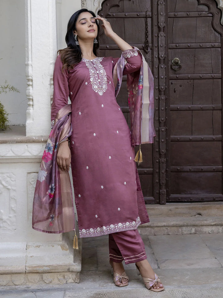 Viscose Roman Silk Salwar Kameez Set with Designer Embroidery