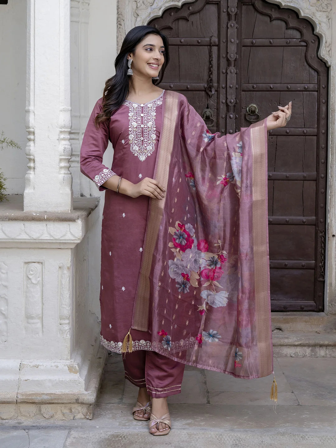 Viscose Roman Silk Salwar Kameez Set with Designer Embroidery
