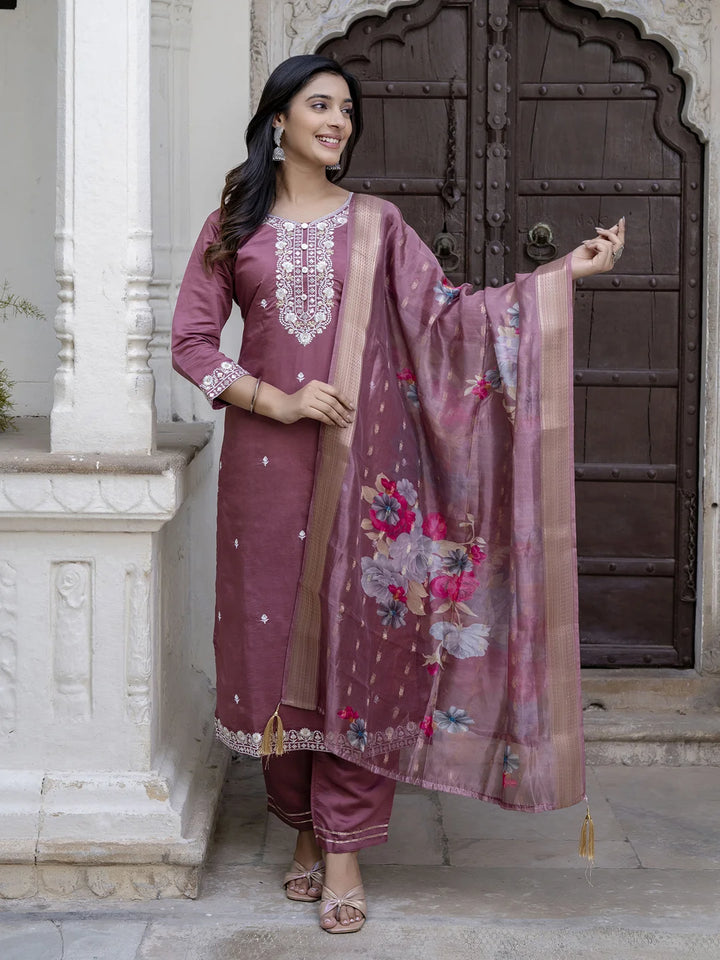 Viscose Roman Silk Salwar Kameez Set with Designer Embroidery