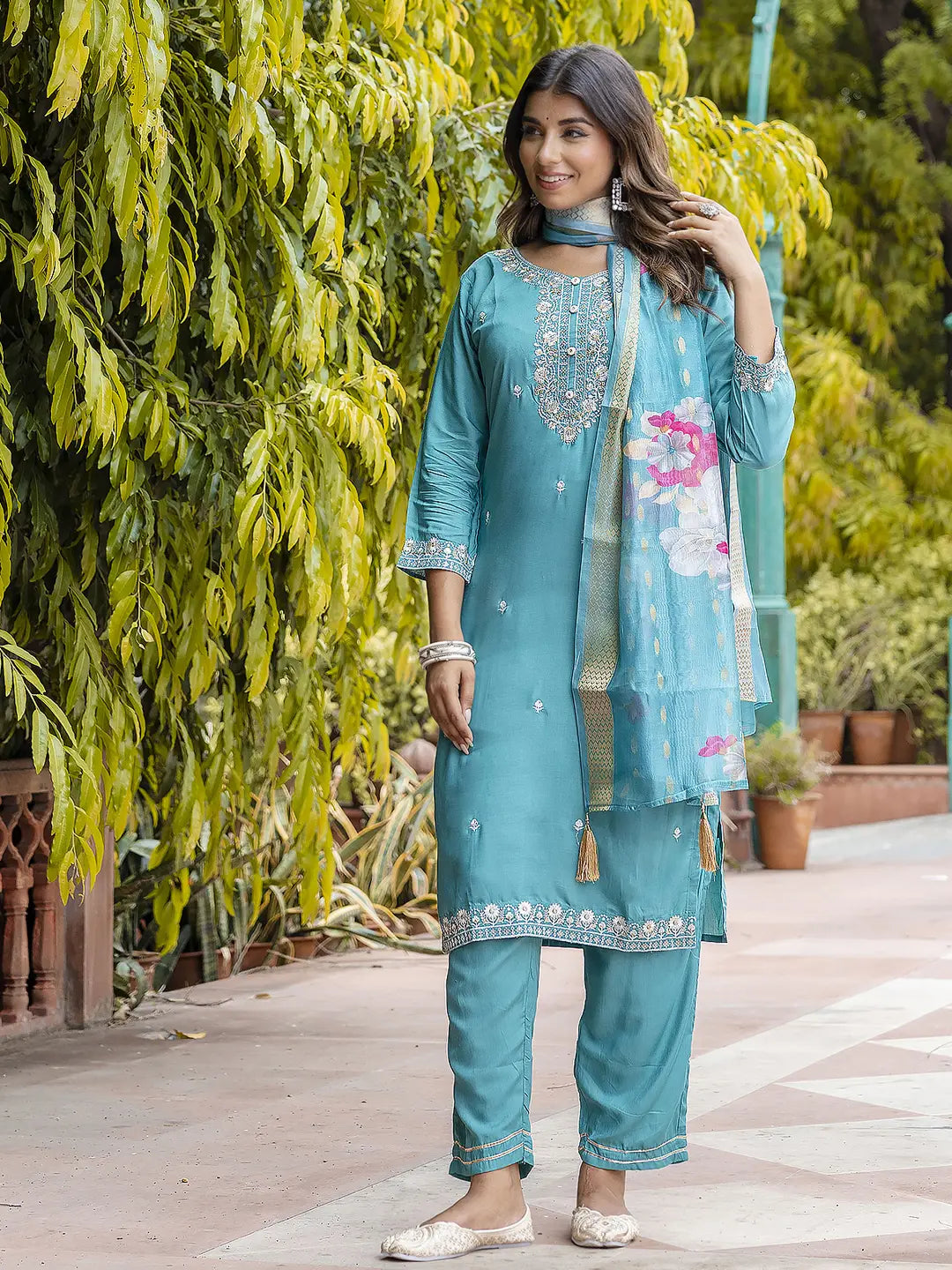 Viscose Roman Silk Salwar Kameez Set with Designer Embroidery