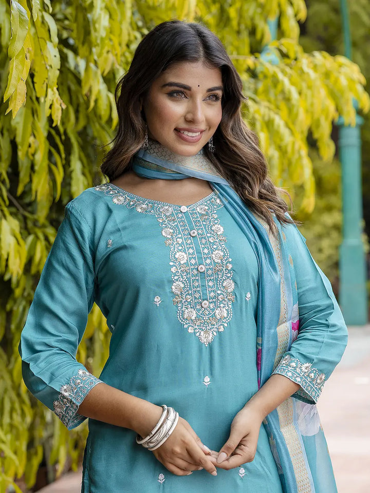 Viscose Roman Silk Salwar Kameez Set with Designer Embroidery