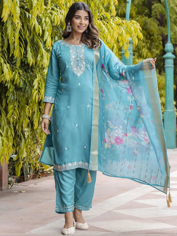 Viscose Roman Silk Salwar Kameez Set with Designer Embroidery