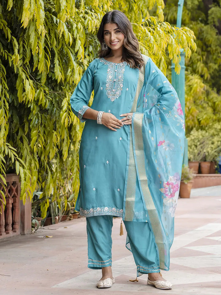 Viscose Roman Silk Salwar Kameez Set with Designer Embroidery