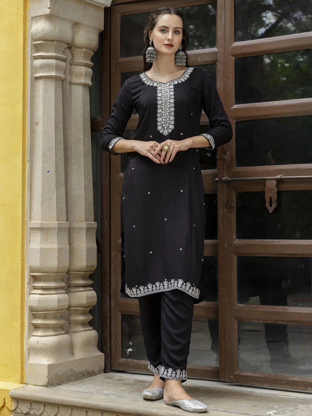 Stylish Viscose Roman Silk Salwar Kameez with Embroidered Work