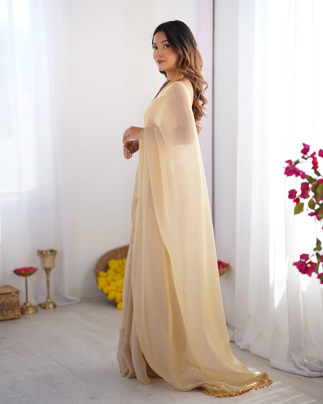 Timeless Peach Saree in Organza with Art Silk Blouse