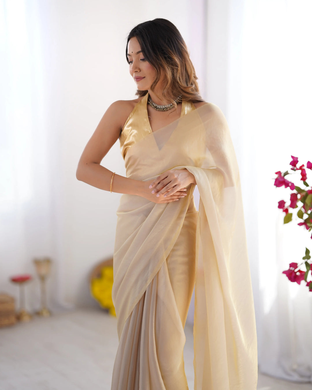 Timeless Peach Saree in Organza with Art Silk Blouse