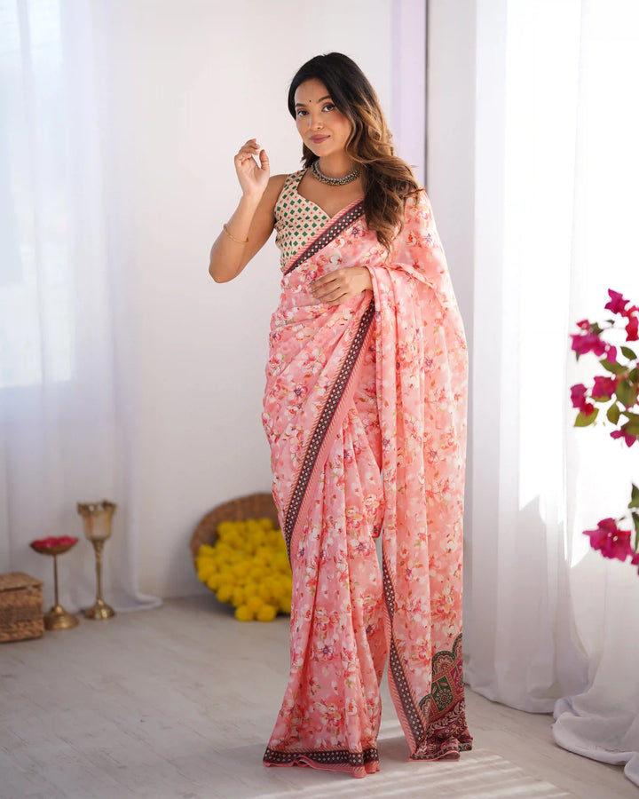 Glamorous Pink Chinon Saree – Perfect for Festive Wear