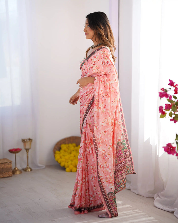 Glamorous Pink Chinon Saree – Perfect for Festive Wear