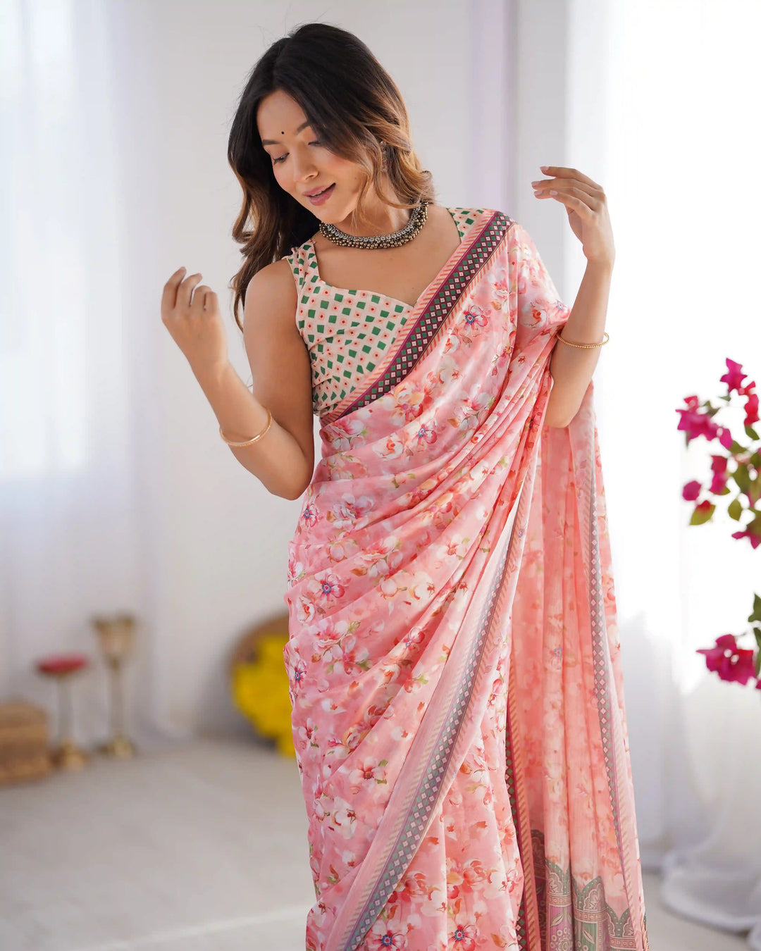 Glamorous Pink Chinon Saree – Perfect for Festive Wear