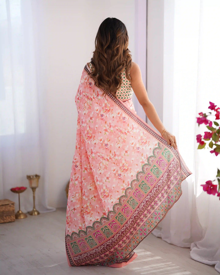 Glamorous Pink Chinon Saree – Perfect for Festive Wear