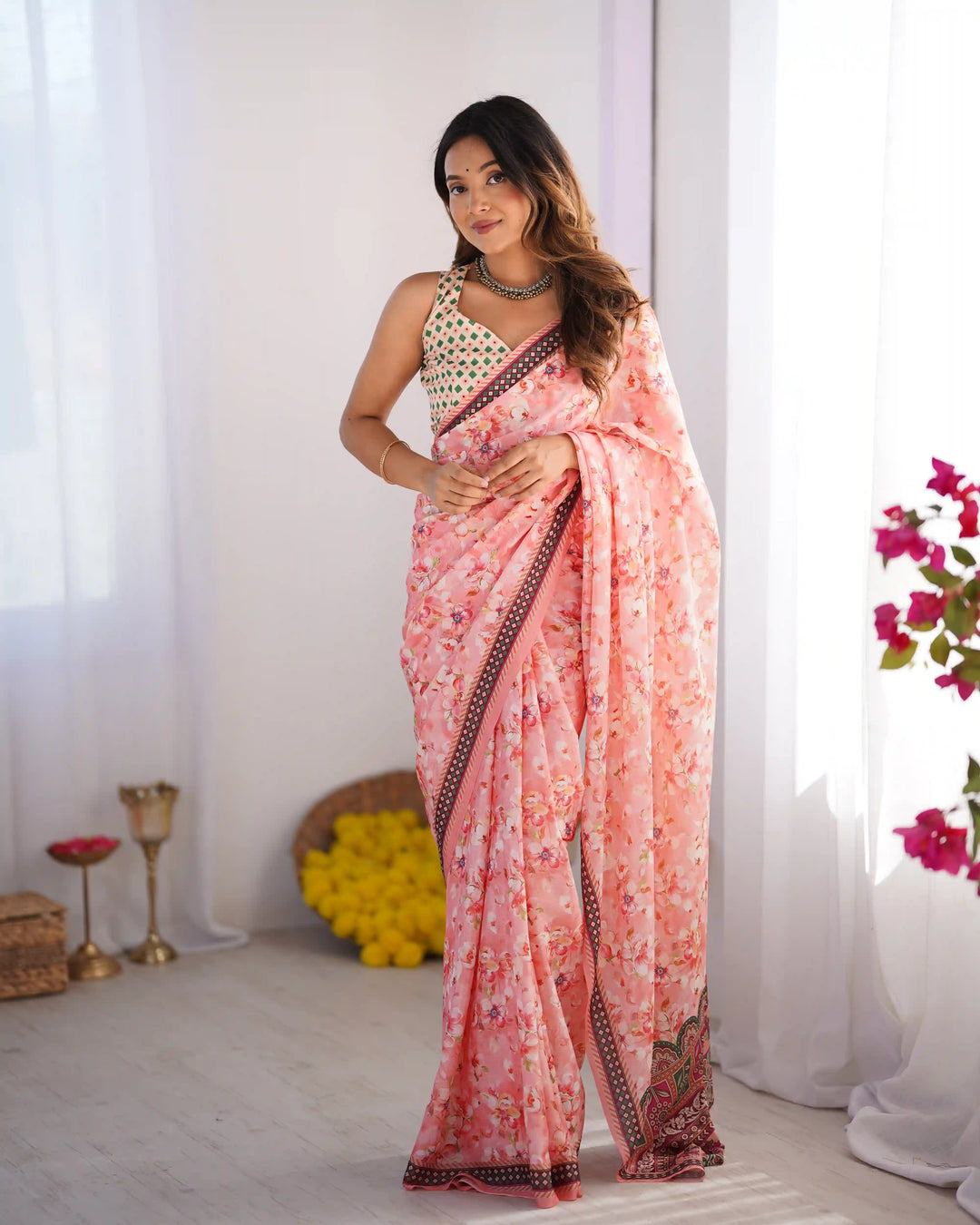 Glamorous Pink Chinon Saree – Perfect for Festive Wear