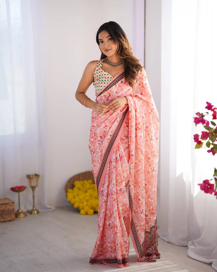 Glamorous Pink Chinon Saree – Perfect for Festive Wear