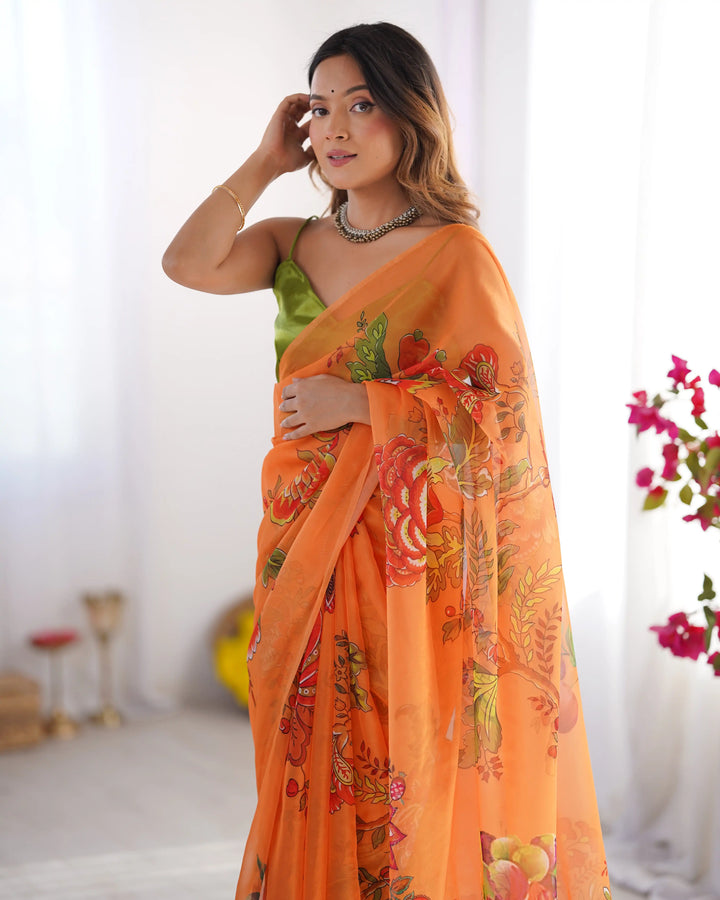Charm in Every Drape – Designer Printed Orange Saree