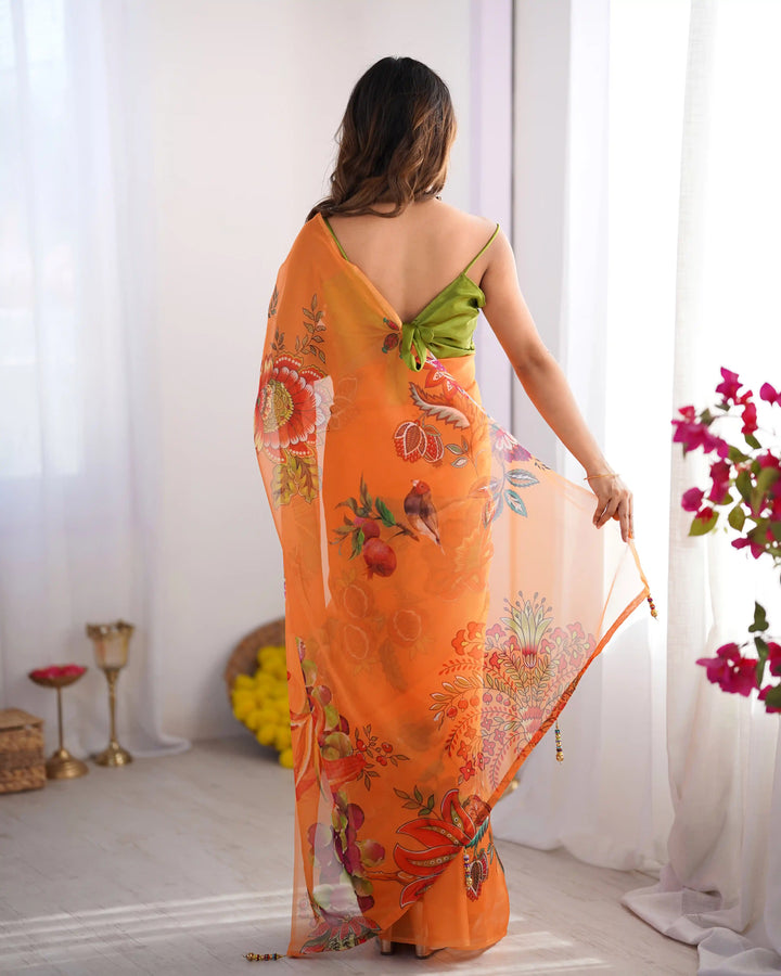 Charm in Every Drape – Designer Printed Orange Saree