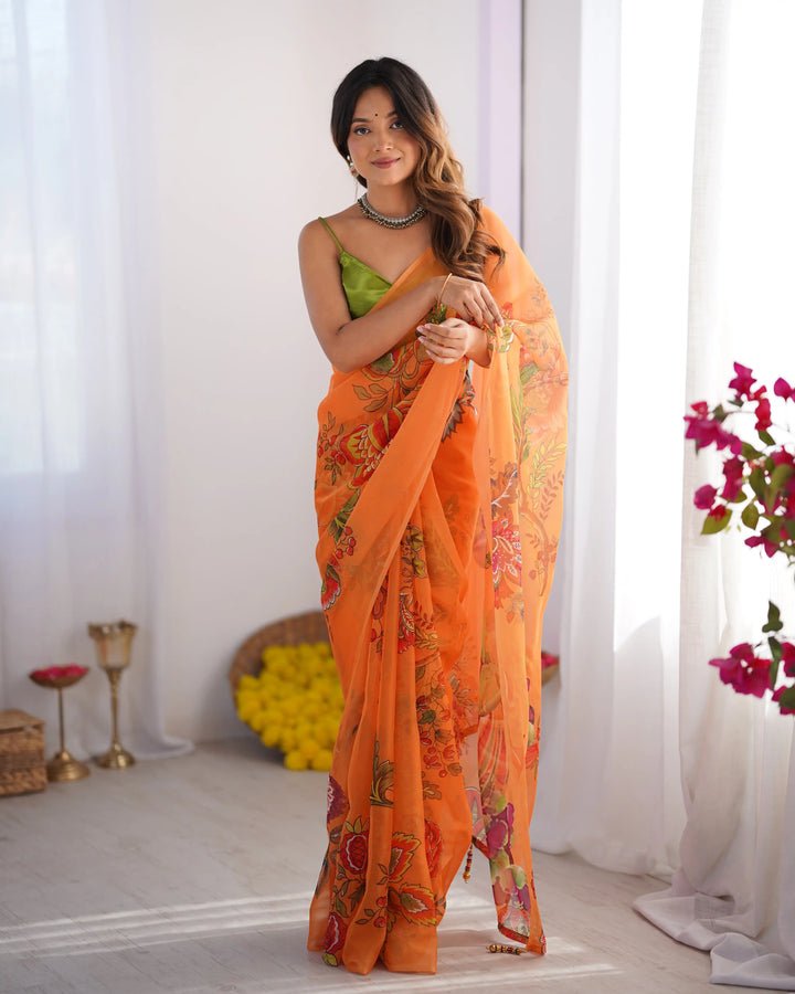 Charm in Every Drape – Designer Printed Orange Saree