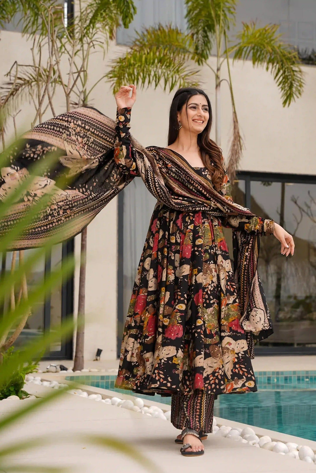 Elegant Black Cotton Plus Size Salwar Kameez Set