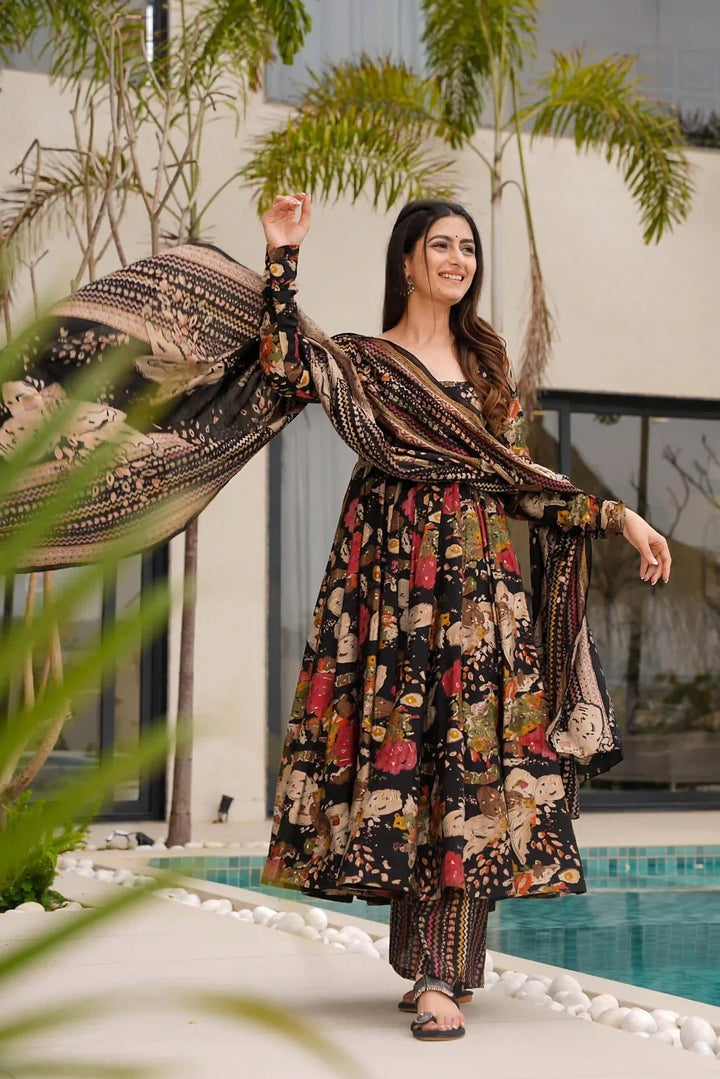 Elegant Black Cotton Plus Size Salwar Kameez Set