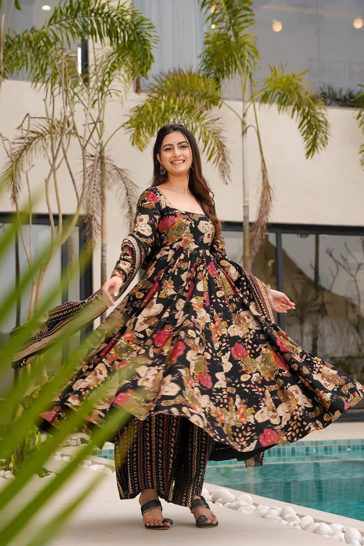 Elegant Black Cotton Plus Size Salwar Kameez Set