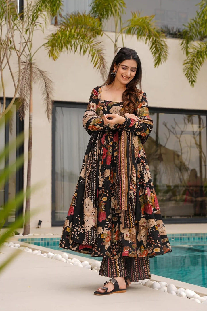 Elegant Black Cotton Plus Size Salwar Kameez Set