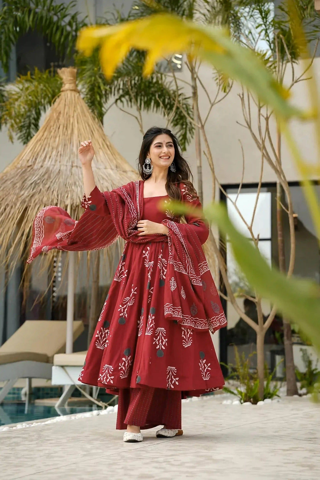 Digital Print Anarkali Set in Maroon – Cotton Comfort Style