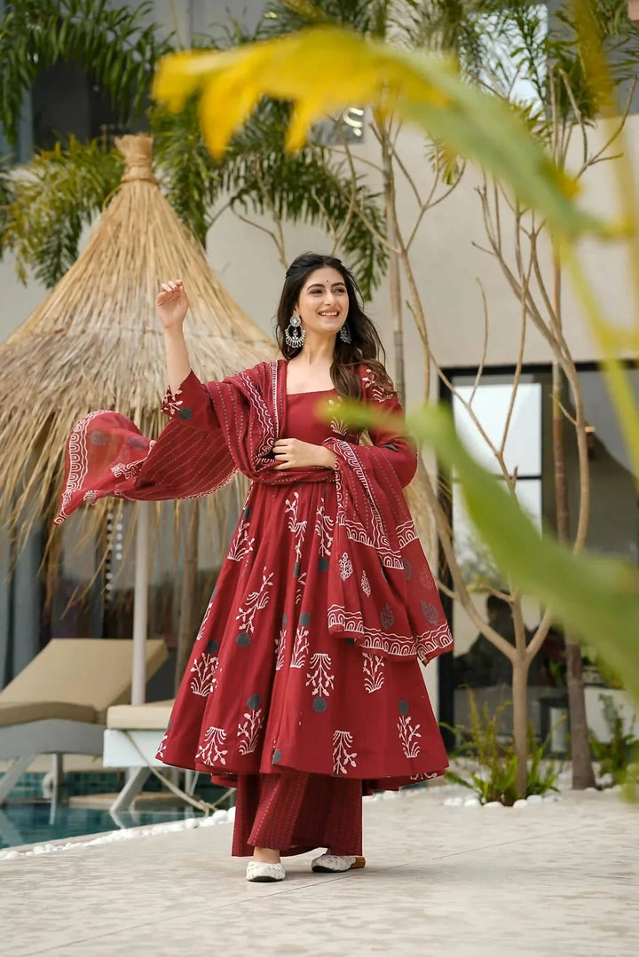 Digital Print Anarkali Set in Maroon – Cotton Comfort Style