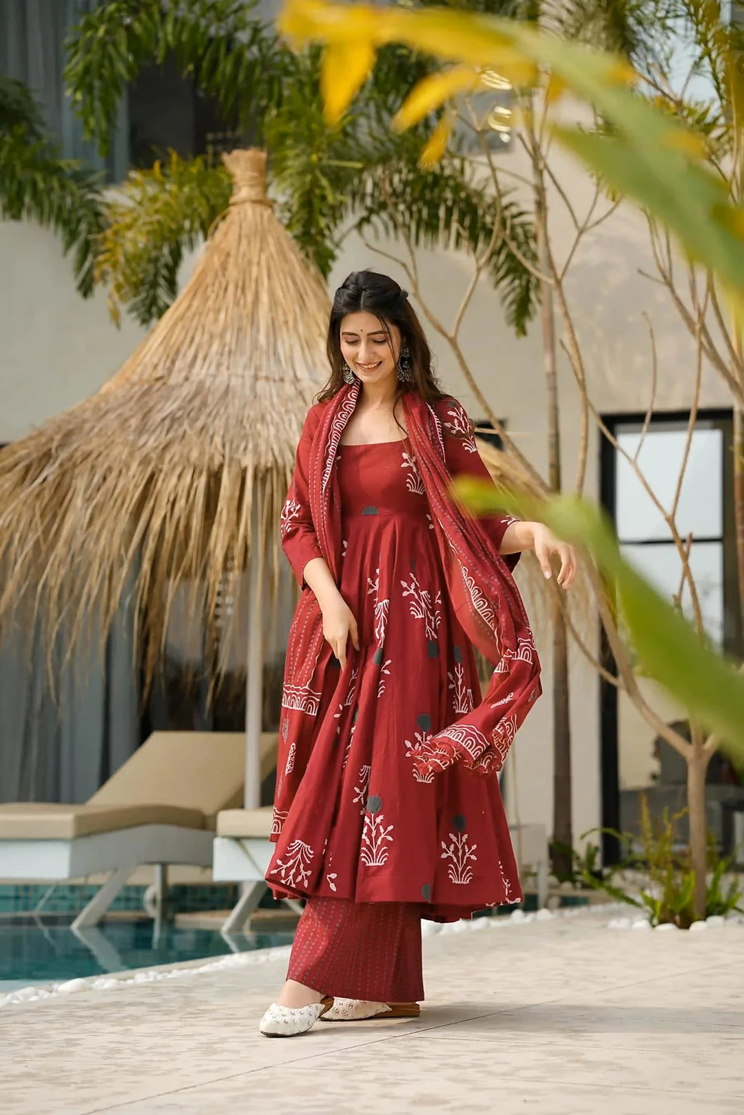 Digital Print Anarkali Set in Maroon – Cotton Comfort Style