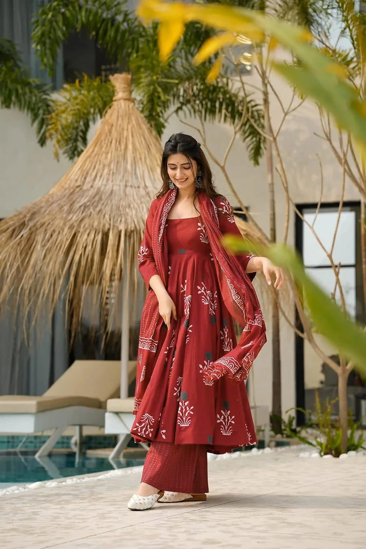 Digital Print Anarkali Set in Maroon – Cotton Comfort Style