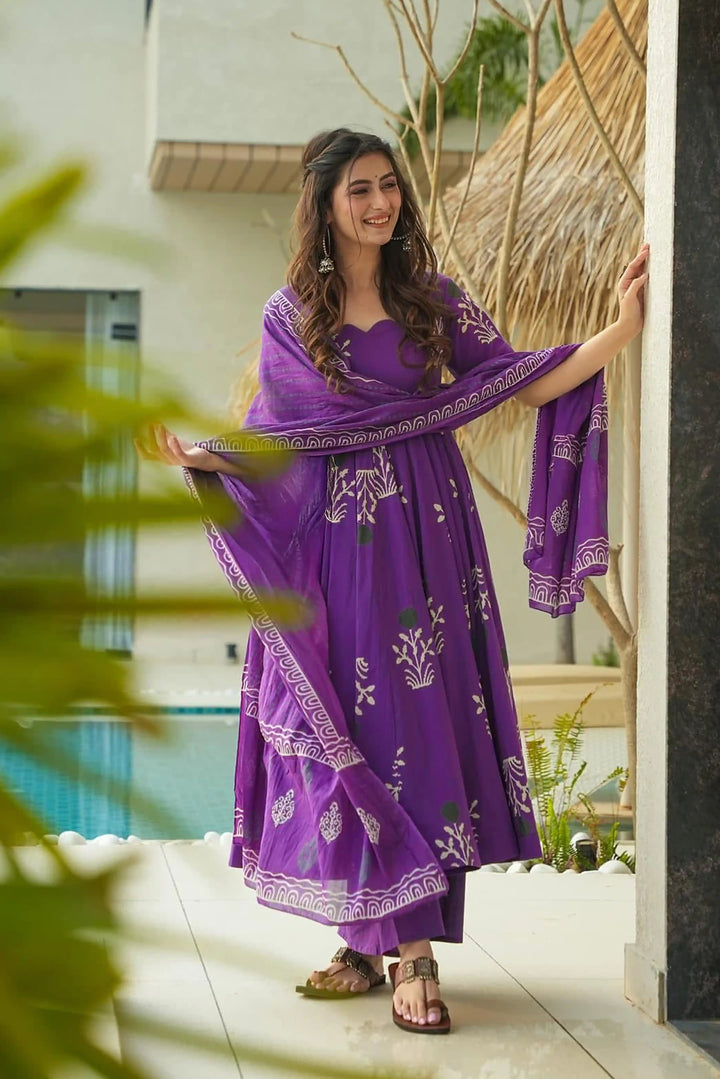Purple Perfection – Digital Print Cotton Anarkali for Plus Sizes