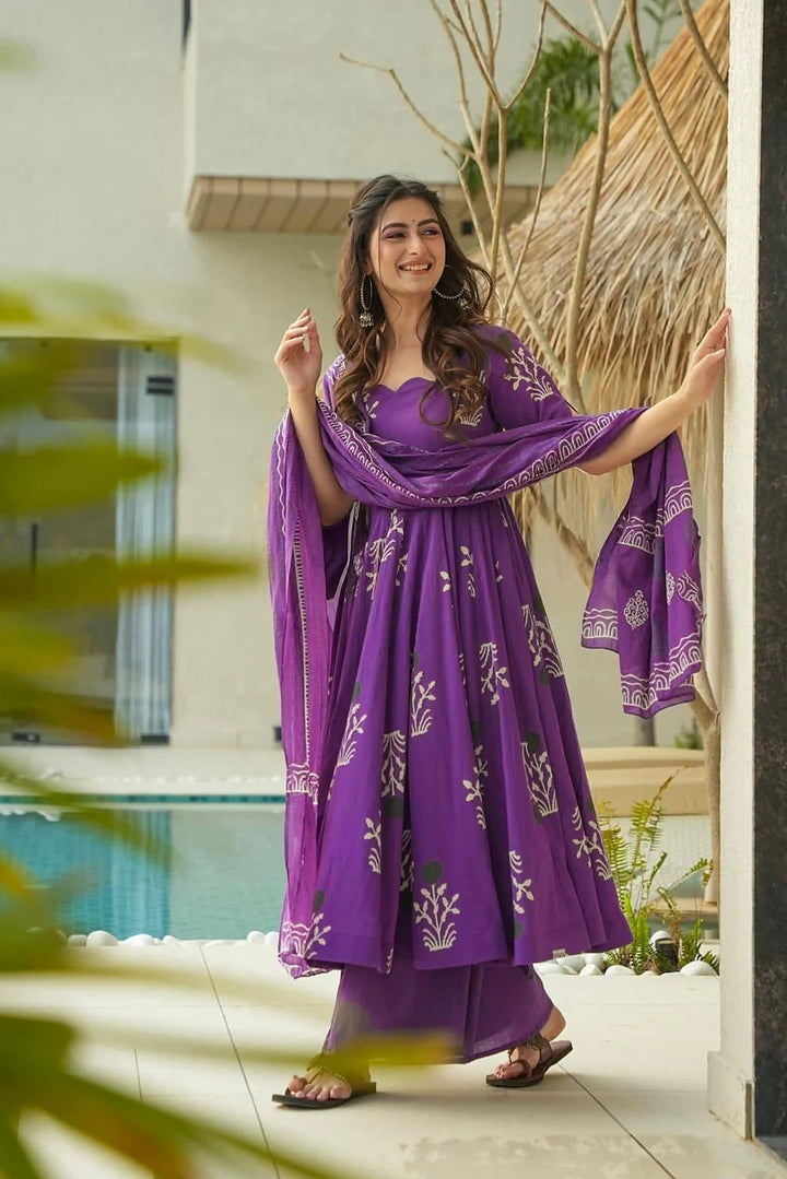 Purple Perfection – Digital Print Cotton Anarkali for Plus Sizes