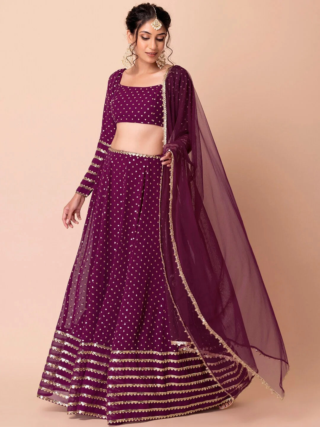 Wine Georgette Designer Lehenga Choli with Net Dupatta