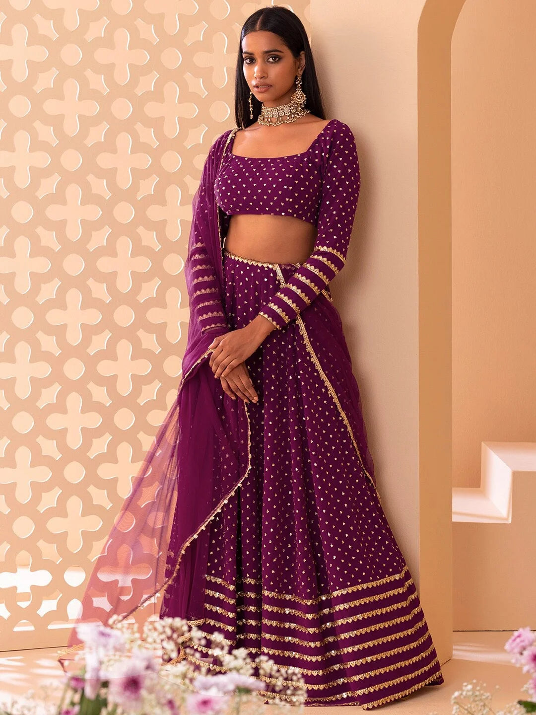 Wine Georgette Designer Lehenga Choli with Net Dupatta