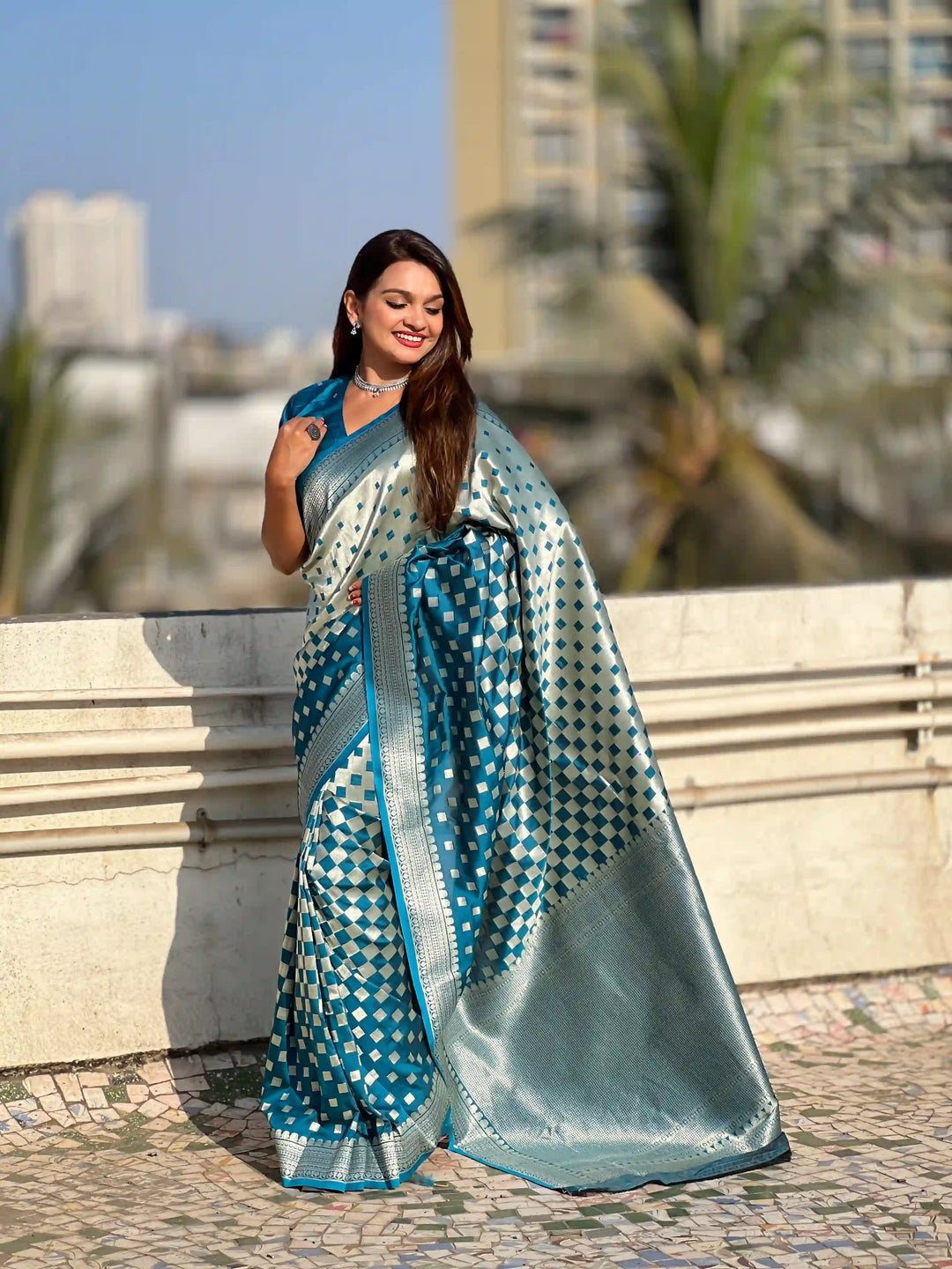 Banarasi Silk Sarees with Silver Jari Checks Work