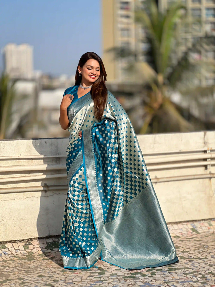 Banarasi Silk Sarees with Silver Jari Checks Work