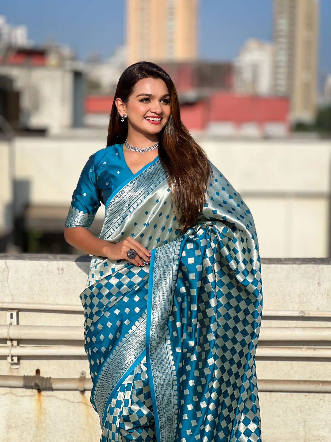 Banarasi Silk Sarees with Silver Jari Checks Work