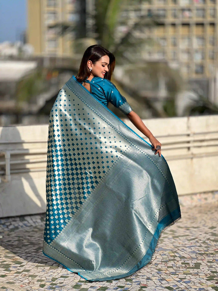 Banarasi Silk Sarees with Silver Jari Checks Work