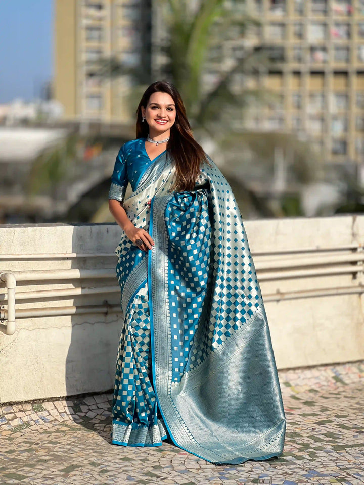 Banarasi Silk Sarees with Silver Jari Checks Work