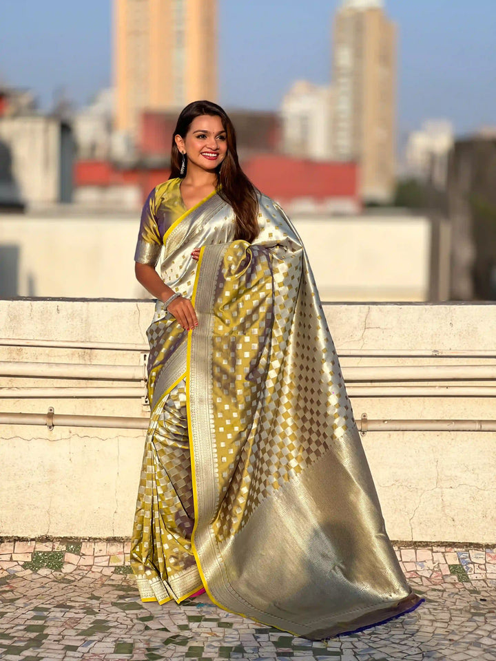 Banarasi Silk Sarees with Silver Jari Checks Work