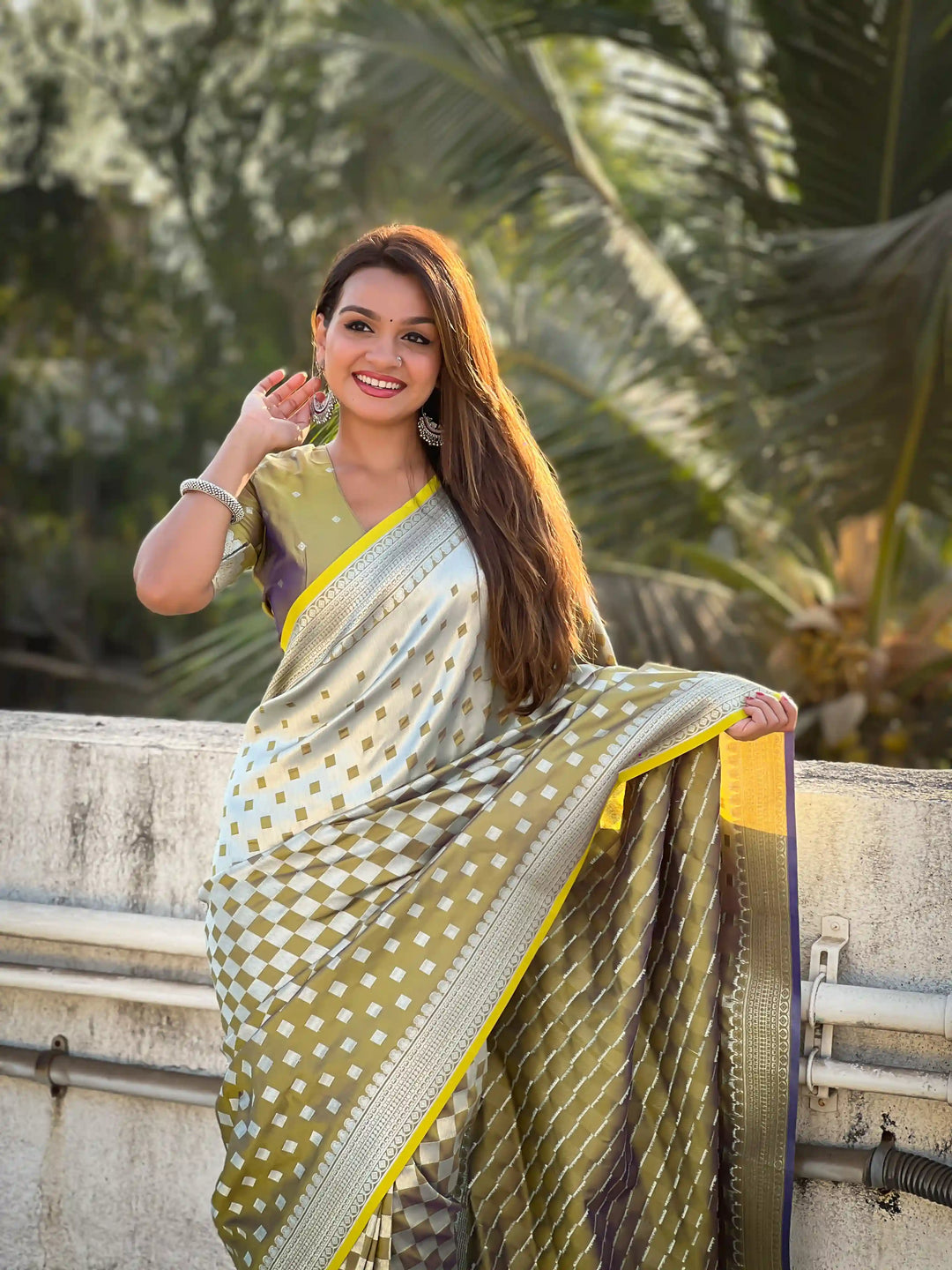 Banarasi Silk Sarees with Silver Jari Checks Work