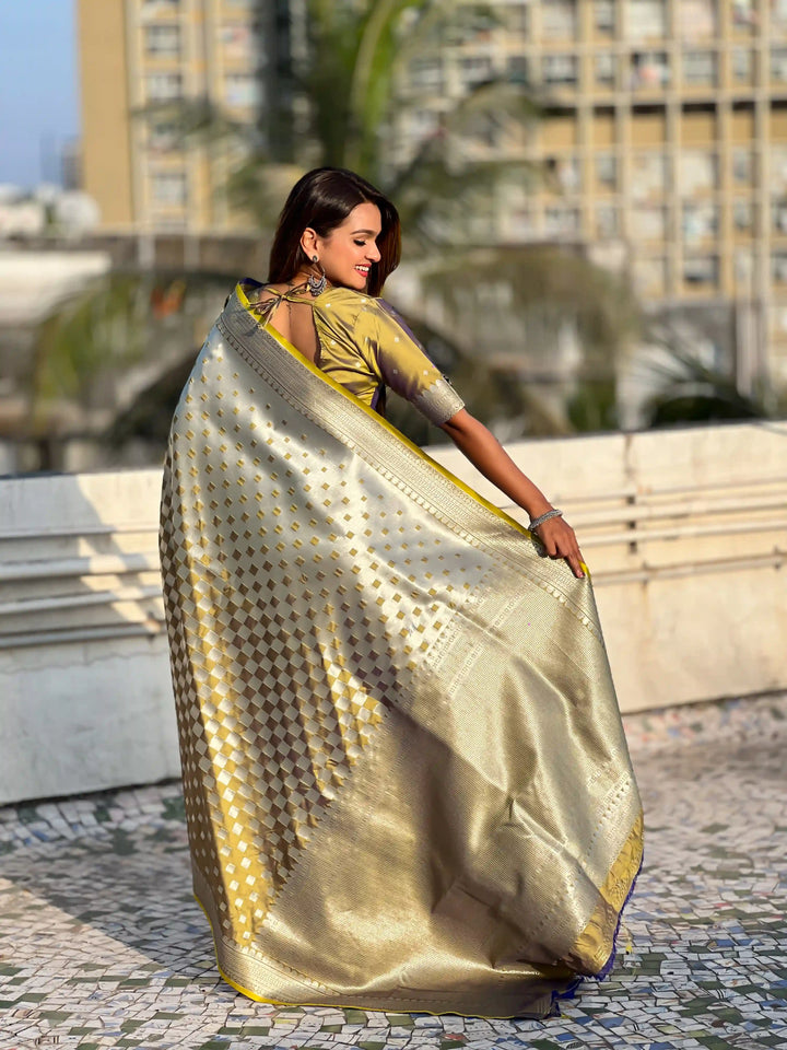 Banarasi Silk Sarees with Silver Jari Checks Work