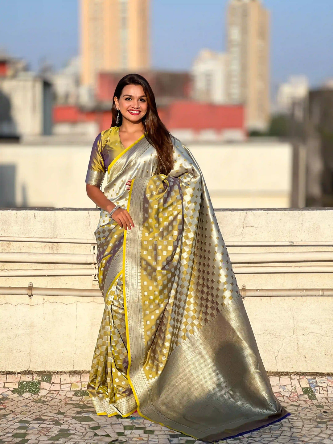 Banarasi Silk Sarees with Silver Jari Checks Work