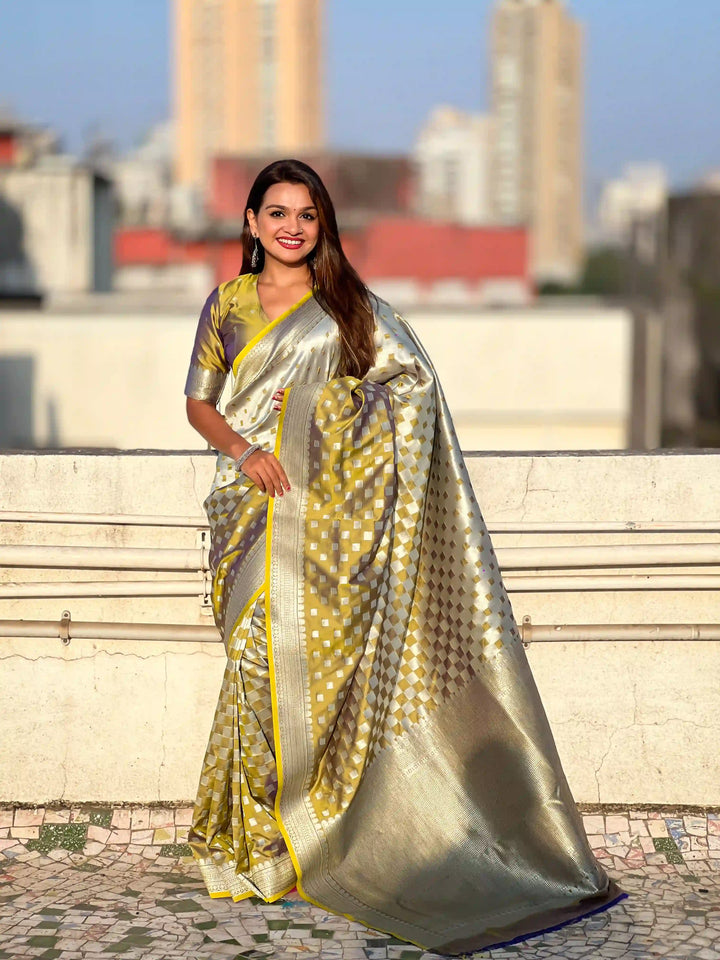 Banarasi Silk Sarees with Silver Jari Checks Work
